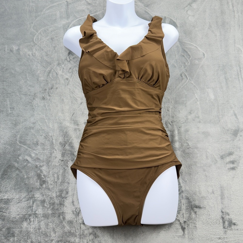 DKNY One Piece Swimsuit Size M Brown Ruffle V Neck Tummy Control NWT $80